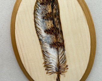 Pluma de lechuza común / Pirograbado en madera / Acuarela / Acrílico / Arte con técnica mixta