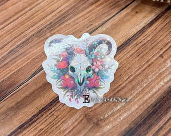 Pegatina holográfica con forma de calavera de carnero con purpurina, estilo cottagecore, resistente a la intemperie