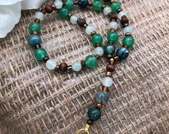 Gaia Goddess of the Earth | Prayer Beads | Rosary | Moss Agate | Green Aventurine | Wood Beads | Natural Gemstones