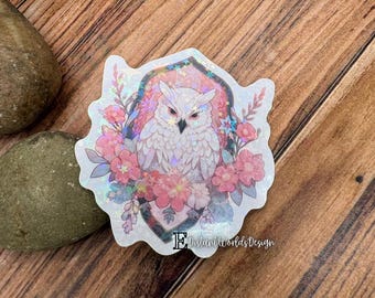 Adhesivo holográfico de búho con purpurina, estilo cottagecore, resistente a la intemperie