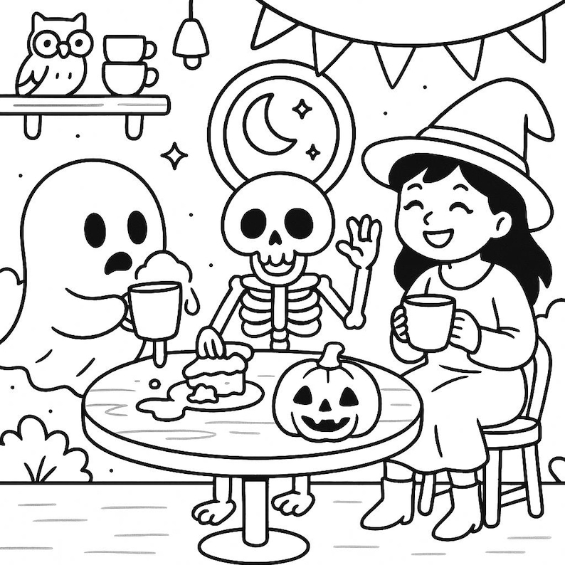 May include: Black and white Halloween-themed illustration featuring a ghost, skeleton, and a person in a witch hat gathered around a table. The table has a pumpkin, cake, and drinks. An owl and cups are on a shelf above.