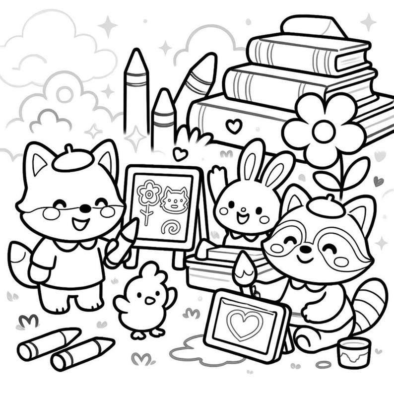 May include: Black and white illustration of a group of cartoon animals engaged in art and reading. A fox, rabbit, and raccoon are painting and drawing. A stack of books, crayons, and a flower are also featured.