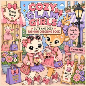 May include: A vibrant illustration for a "Cozy Glam Girls" fashion coloring book. It depicts a bear and a deer, each with bubble tea, in fashionable attire. The background shows shops, flowers, and the text "Cute and Cozy Fashion Coloring Book."