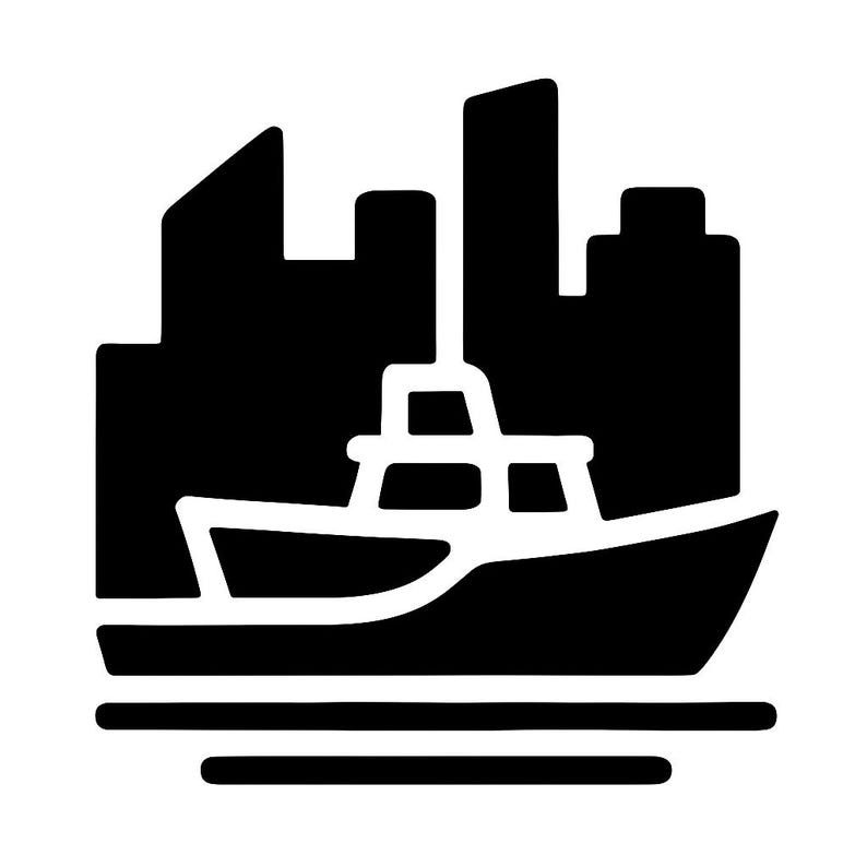 May include: A black and white icon of a boat sailing in front of a city skyline. The boat is a motorboat with a cabin. The city skyline features several tall buildings. The boat is on the water, represented by two horizontal lines.