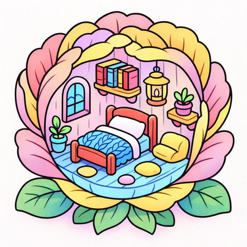May include: A whimsical illustration of a bedroom scene inside a flower. The bedroom features a bed with a blue blanket, a small yellow chair, a window, and a bookshelf with colorful books. The flower petals are pink, yellow, and green.
