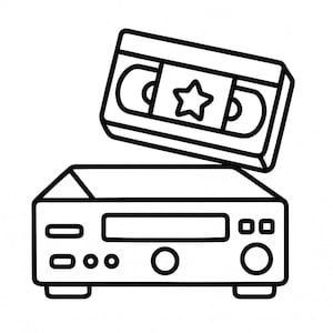 May include: Black and white line art illustration of a VCR player with a VHS tape on top. The VHS tape has a star graphic on the label. The VCR has several buttons and a circular dial.