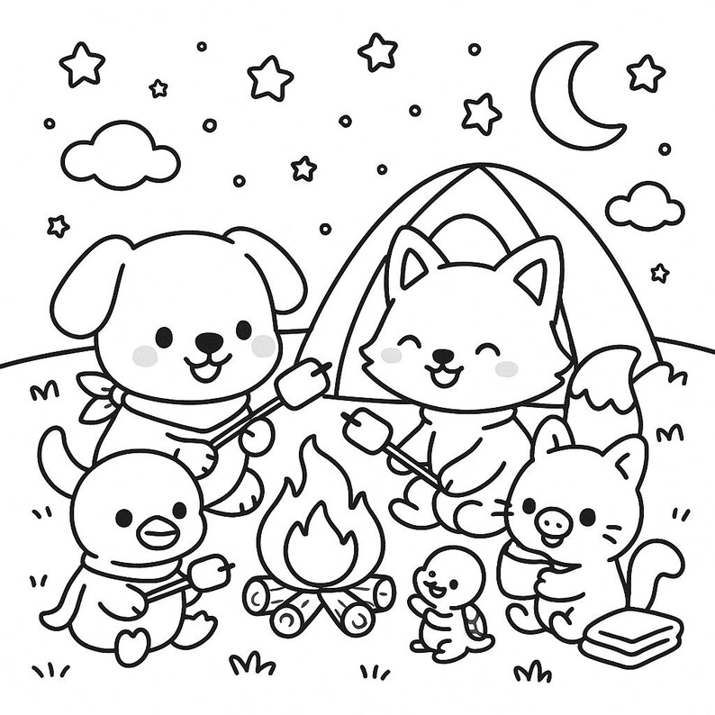 May include: Black and white illustration of a camping scene with cartoon animals. A dog, fox, duck, cat, and turtle are gathered around a campfire roasting marshmallows. A tent, stars, moon, and clouds are in the background.