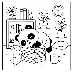 May include: Black and white illustration of a panda sleeping on a stack of books, with a small duck looking up at it. A bookshelf, potted plants, a clock, and a mug are also in the scene.