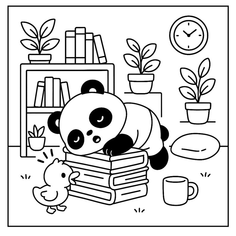 May include: Black and white illustration of a panda sleeping on a stack of books, with a small duck looking up at it. A bookshelf, potted plants, a clock, and a mug are also in the scene.
