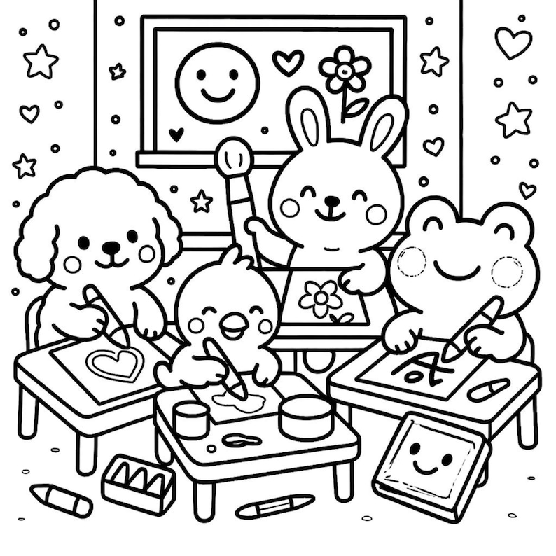 May include: Black and white illustration of a classroom scene with four cartoon animals: a dog, a chick, a rabbit, and a frog. Each animal is at a desk, drawing with pencils. The background includes a chalkboard with a smiley face and hearts.