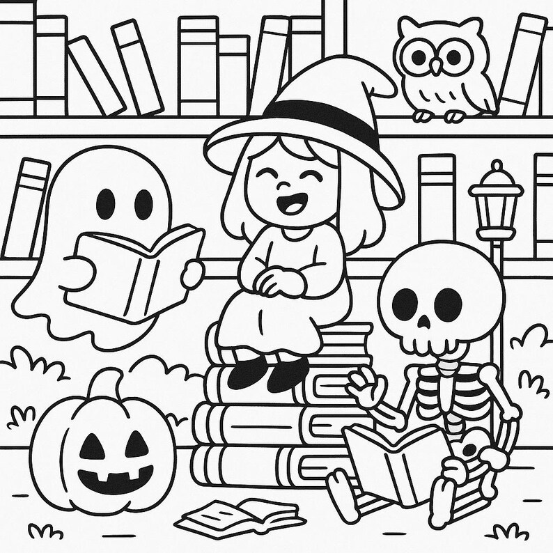 May include: Black and white illustration of Halloween-themed characters reading books. A witch, ghost, and skeleton are among the characters. An owl sits on a bookshelf. A jack-o'-lantern and books are also present.