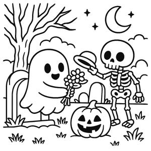 May include: Black and white Halloween-themed illustration featuring a ghost offering flowers to a skeleton. A jack-o'-lantern, a tree, a crescent moon, and stars complete the spooky scene. The artwork is in a cartoon style.