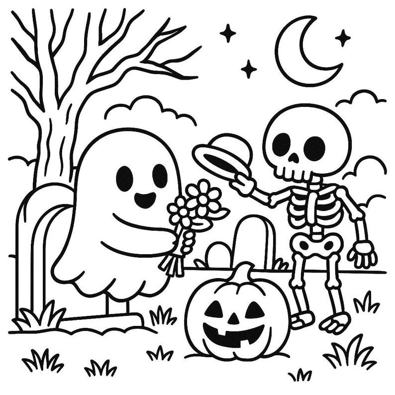 May include: Black and white Halloween-themed illustration featuring a ghost offering flowers to a skeleton. A jack-o'-lantern, a tree, a crescent moon, and stars complete the spooky scene. The artwork is in a cartoon style.