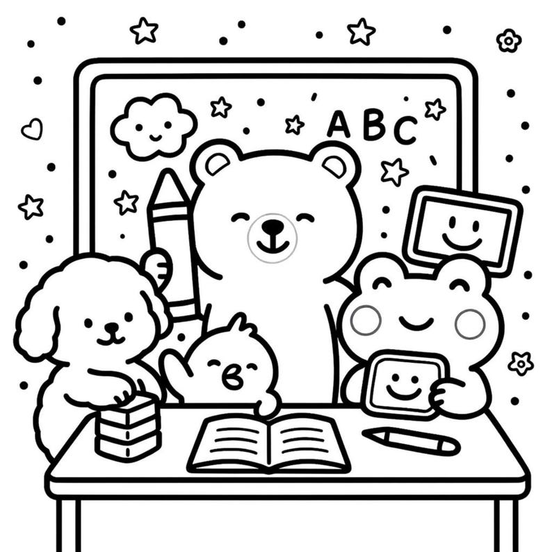 May include: Black and white illustration of a classroom scene with cartoon animals. A bear, dog, bird, and frog are at a desk with a chalkboard that has the letters "ABC" on it. The dog holds books, the bear a pencil, and the frog a tablet.