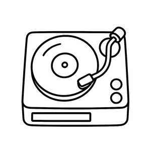 May include: Black and white line art illustration of a turntable. The record player has a square base with a rectangular slot at the bottom. The turntable features a circular record, a tone arm, and two circular buttons.