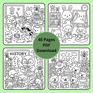 May include: Black and white line art illustrations of animals in a classroom setting. The images include a rabbit, raccoon, bear, owl, and frog. The text "40 Pages PDF Download" is in the center.