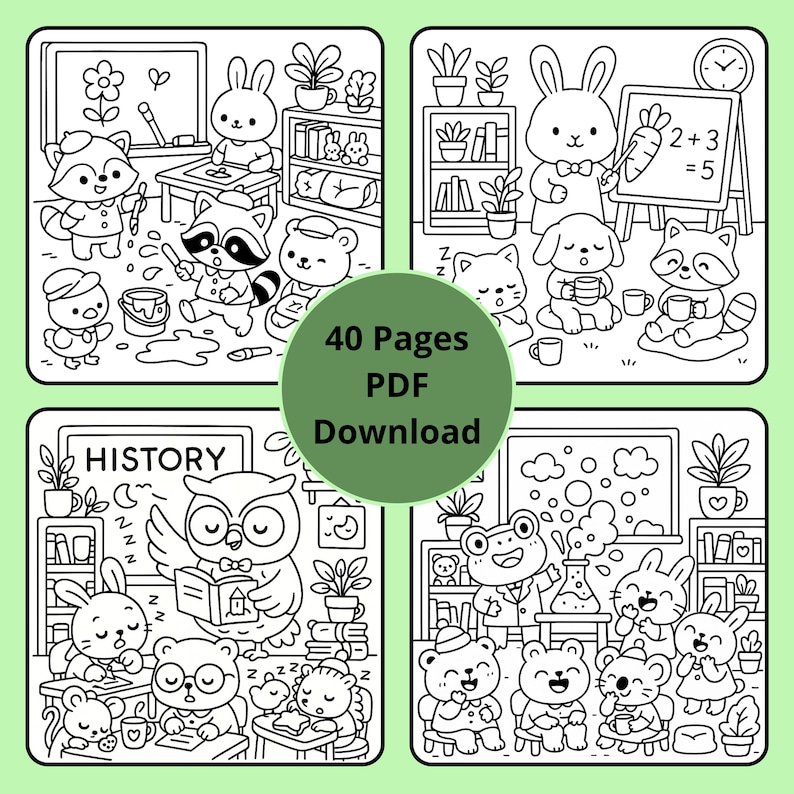 May include: Black and white line art illustrations of animals in a classroom setting. The images include a rabbit, raccoon, bear, owl, and frog. The text "40 Pages PDF Download" is in the center.