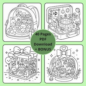 May include: Black and white line art illustrations of miniature scenes, including a backpack, suitcase, gift box, and snow globe. The image includes the text "40 Pages PDF Download + BONUS". The scenes feature toys and furniture.