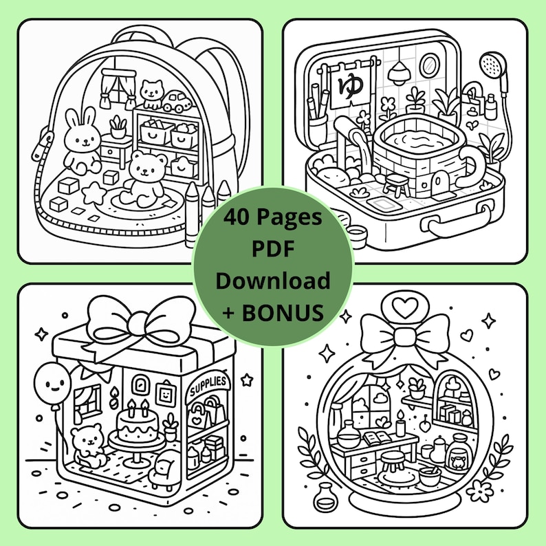 May include: Black and white line art illustrations of miniature scenes, including a backpack, suitcase, gift box, and snow globe. The image includes the text "40 Pages PDF Download + BONUS". The scenes feature toys and furniture.