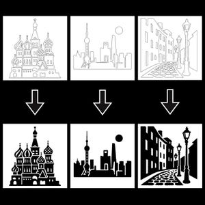 May include: A black and white image featuring six illustrations. The top row shows detailed line drawings of a cathedral, a city skyline, and a street scene. The bottom row displays the same images in solid black silhouettes.