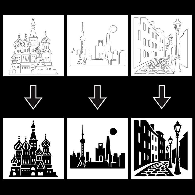 May include: A black and white image featuring six illustrations. The top row shows detailed line drawings of a cathedral, a city skyline, and a street scene. The bottom row displays the same images in solid black silhouettes.