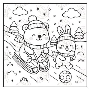May include: Black and white line art illustration of a bear riding a sled with a rabbit running alongside. Both animals wear hats and scarves in a winter scene with snowflakes, trees, and clouds.