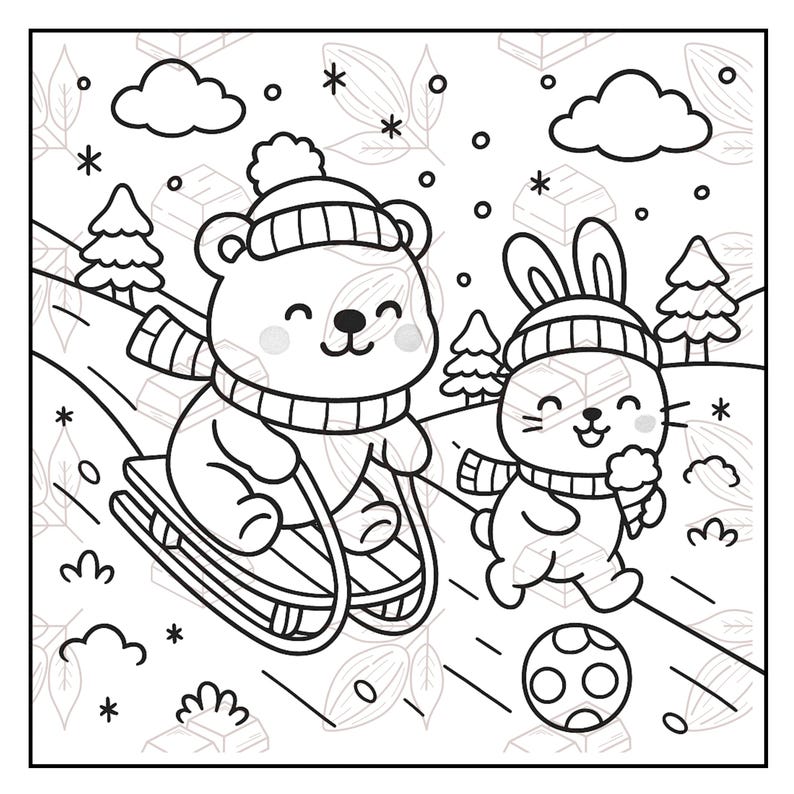 May include: Black and white line art illustration of a bear riding a sled with a rabbit running alongside. Both animals wear hats and scarves in a winter scene with snowflakes, trees, and clouds.