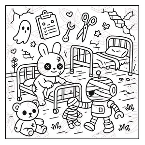 May include: Black and white line art illustration featuring a spooky theme. A stitched-up bunny and teddy bear sit near a bed. A mummy robot holds a mummy doll. Other elements include a ghost, scissors, and a clipboard.