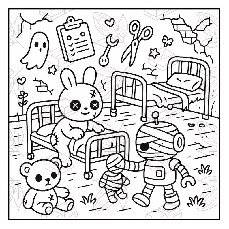 May include: Black and white line art illustration featuring a spooky theme. A stitched-up bunny and teddy bear sit near a bed. A mummy robot holds a mummy doll. Other elements include a ghost, scissors, and a clipboard.