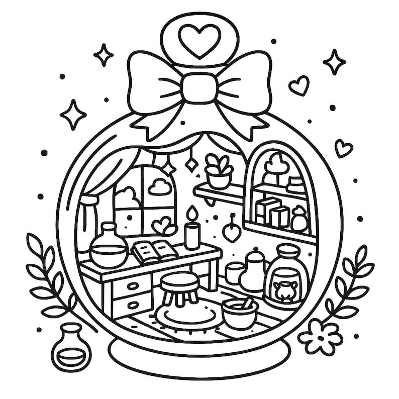 May include: Black and white line art illustration of a miniature room inside a glass globe. The room features a table, shelves, and various objects, including a candle, books, and bottles. A large bow and heart adorn the top of the globe.