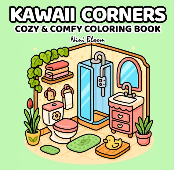 Kawaii Corners Cozy Coloring Book PDF, Adult Coloring Pages, Bold and Easy, Instant Download