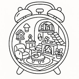May include: Black and white line art illustration of a clock with a miniature room inside. The room includes a chair, table, fireplace, and bookshelf. The clock has two bells on top and a stand at the bottom.