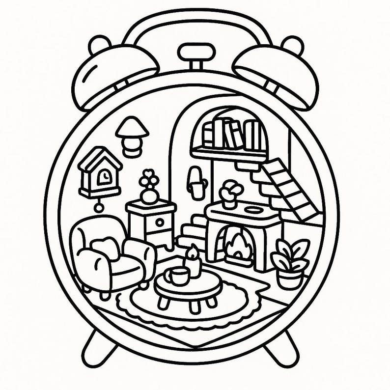 May include: Black and white line art illustration of a clock with a miniature room inside. The room includes a chair, table, fireplace, and bookshelf. The clock has two bells on top and a stand at the bottom.