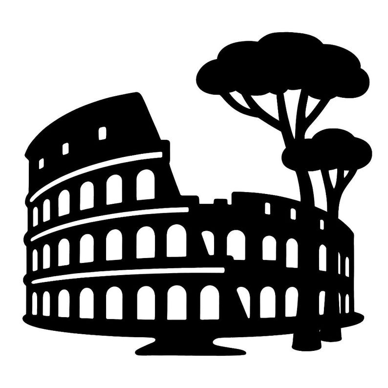 May include: A black and white silhouette of the Colosseum in Rome, Italy, with two trees to the right. The iconic amphitheater features arched openings and a curved facade, representing a historical landmark.