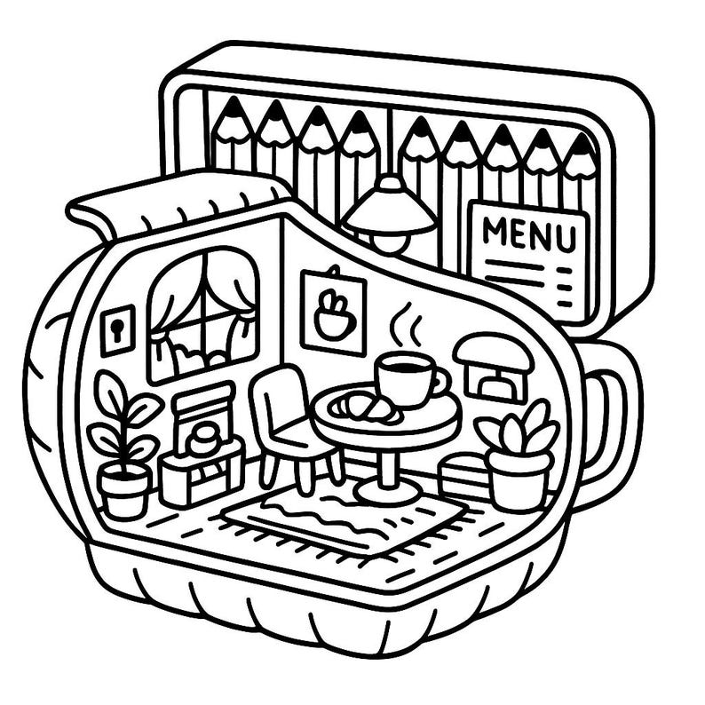 May include: Black and white illustration of a miniature cafe inside a pencil case. The cafe features a table with a coffee cup and croissant, a window, and a menu. Pencils are arranged in the top section.