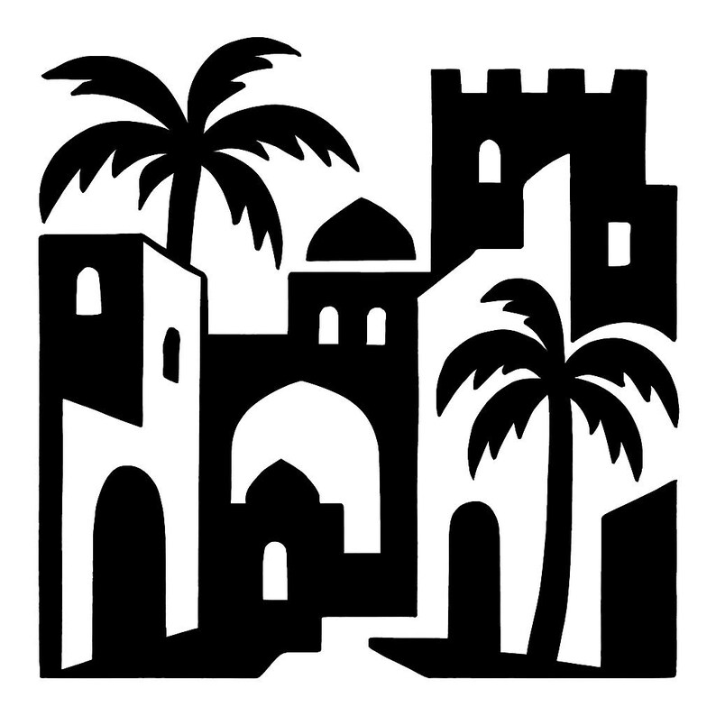 May include: A black and white graphic illustration of a Middle Eastern cityscape. The design features buildings with arched doorways, domed roofs, and palm trees. The image has a minimalist, silhouette style.