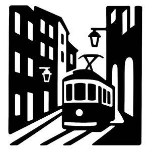 May include: Black and white illustration of a street scene with a vintage trolley car on tracks. Buildings line the street, and street lamps are visible. The image has a minimalist, graphic design style.