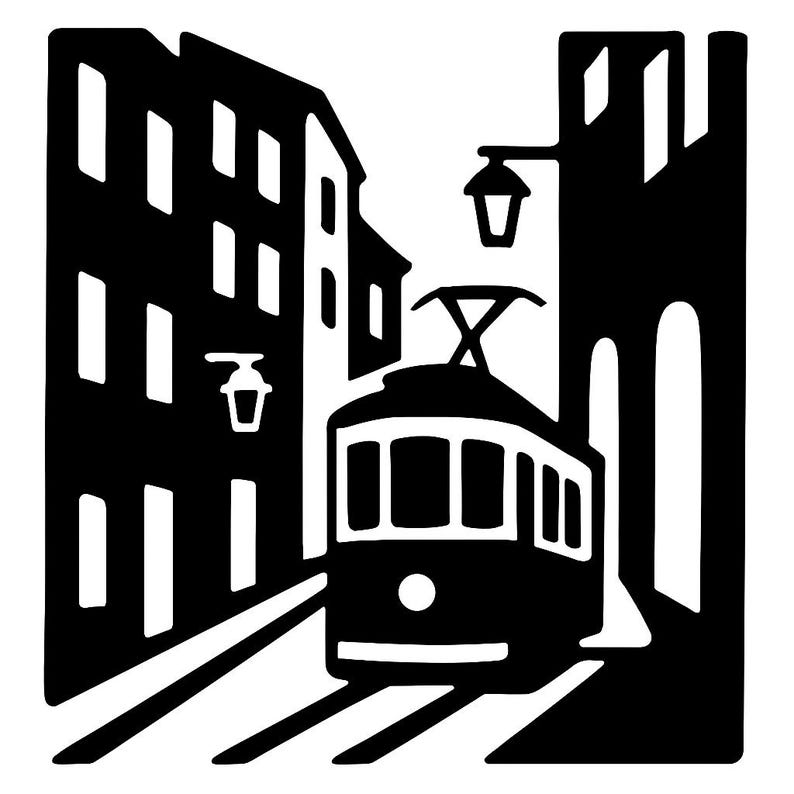 May include: Black and white illustration of a street scene with a vintage trolley car on tracks. Buildings line the street, and street lamps are visible. The image has a minimalist, graphic design style.