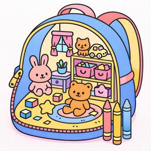 May include: A whimsical illustration of a blue backpack with a zipper, revealing a playroom scene. Inside, a pink bunny and orange teddy bear sit near colorful blocks and a star. A shelf holds toys, and crayons stand at the bottom.