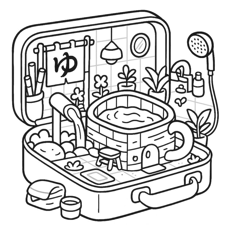 May include: Black and white illustration of a miniature Japanese bath scene inside an open suitcase. The scene includes a wooden tub, plants, a showerhead, and a sign with Japanese characters.
