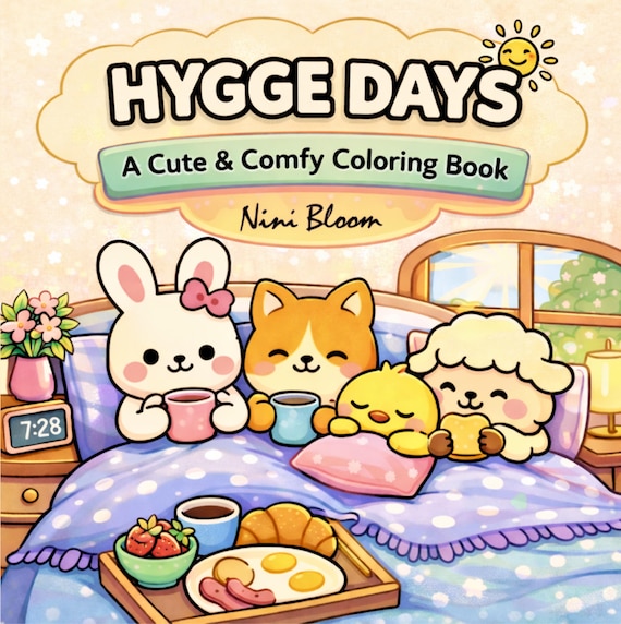 Hygge Days : Cute & Cozy Coloring Book, Digital Coloring Book PDF, Kawaii Animal Coloring Pages for Adults, Stress Relief Printable