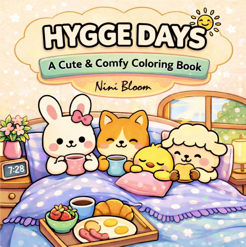 Hygge Days: Cute & Cozy Coloring Book, Digital Coloring Book PDF, Kawaii Animal Coloring Pages for Adults, Stress Relief Printable image 1