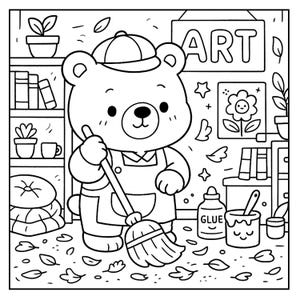 May include: A black and white illustration of a bear wearing a cap and overalls, sweeping leaves in an art studio. The sign above the bear reads "ART". Other art supplies and decor are visible in the background.
