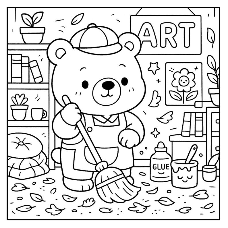May include: A black and white illustration of a bear wearing a cap and overalls, sweeping leaves in an art studio. The sign above the bear reads "ART". Other art supplies and decor are visible in the background.