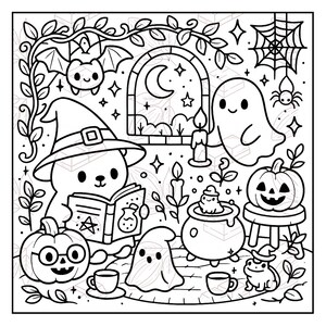 May include: Black and white Halloween-themed illustration featuring a bear in a witch hat reading a book. Other elements include a bat, ghosts, pumpkins, a cauldron, a spiderweb, and a frog. The image has a whimsical, cartoonish style.