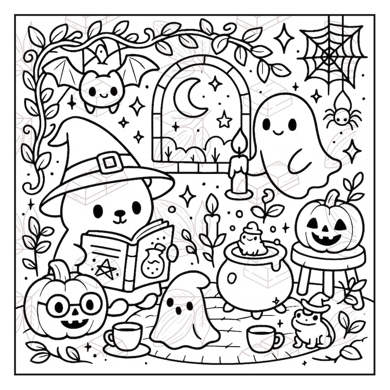 May include: Black and white Halloween-themed illustration featuring a bear in a witch hat reading a book. Other elements include a bat, ghosts, pumpkins, a cauldron, a spiderweb, and a frog. The image has a whimsical, cartoonish style.