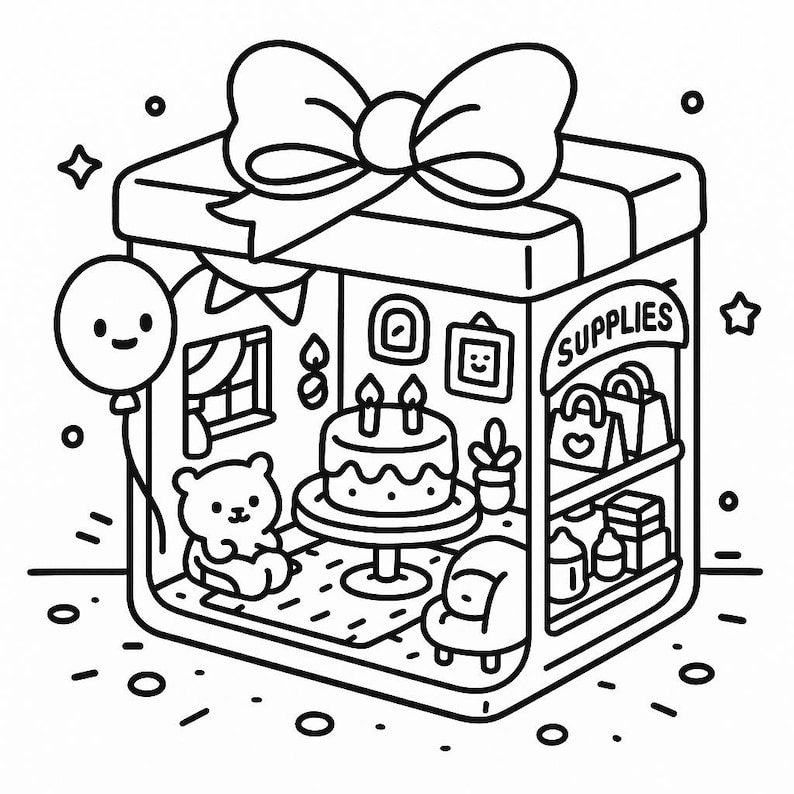 May include: Black and white illustration of a gift box with a bow on top, revealing a birthday scene inside. A cake with candles, a teddy bear, and a balloon are visible. The box also contains a shelf labeled "SUPPLIES".
