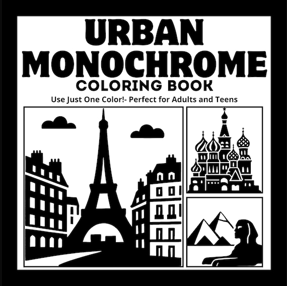 Urban Monochrome Coloring Book PDF, Printable Coloring Book, Adult Coloring Pages, Instant Download Digital Coloring Book, pdf coloring book