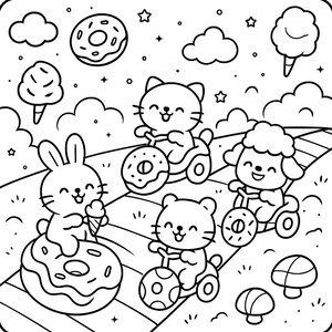 May include: Black and white illustration of a whimsical scene with smiling animal characters. A bunny holds an ice cream cone while sitting on a donut. Other animals ride vehicles with donut and ball wheels. Clouds, stars, and sweets fill the background.