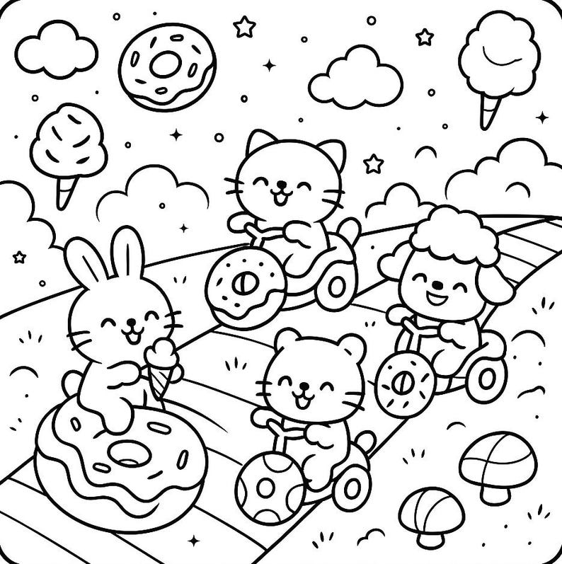 May include: Black and white illustration of a whimsical scene with smiling animal characters. A bunny holds an ice cream cone while sitting on a donut. Other animals ride vehicles with donut and ball wheels. Clouds, stars, and sweets fill the background.